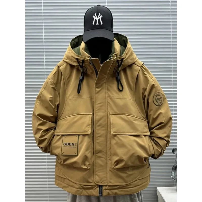 Winter Men Jacket Warm Coat Hooded Cargo Puffer Jacket Luxury High-end Multi-pocket Windproof Outerwear Outdoor Windbreaker