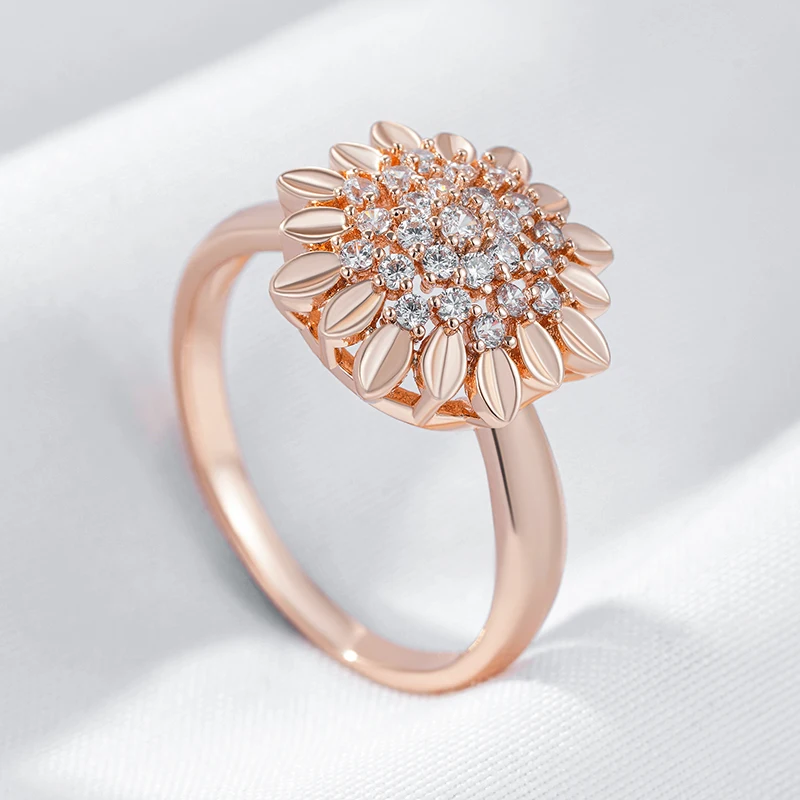 Kinel Hot 585 Rose Gold Color Creative Crystal Flower Rings for Women Fashion Natural Zircon Accessories Vintage Wedding Jewelry