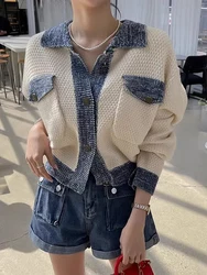 Chic Autumnal Vintage Collared Long Sleeve Knitted Sweater Jacket for Women with Double Pockets Color Block Versatile Outerwear