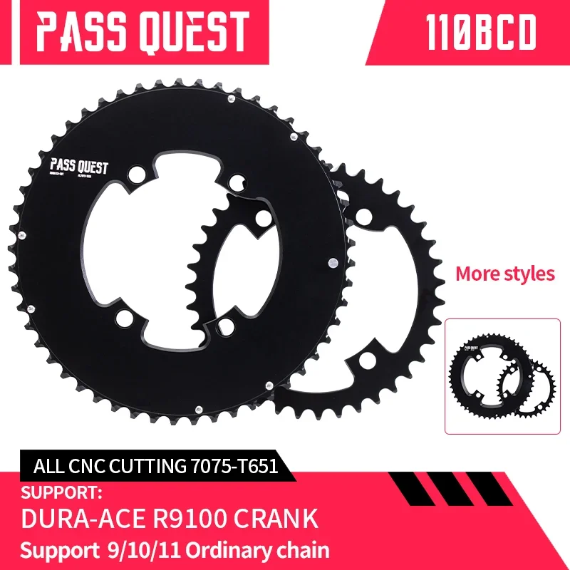 

PASS QUEST 110BCD 2X Chainring 4-Bolt 50-34T/52-36T/53-39T for SHIMANO 105 Dura ACE R9100 DA9100 Chainring 9/10/11/12 Speed