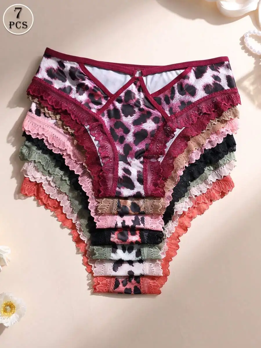

7 Pack Sexy Ice Silk Leopard Print Panties - Lace Trim Mesh Cheeky Underwear With Metal Button | Tummy Control & Butt Lift Soft Comfortable Hollow Out Lingerie
