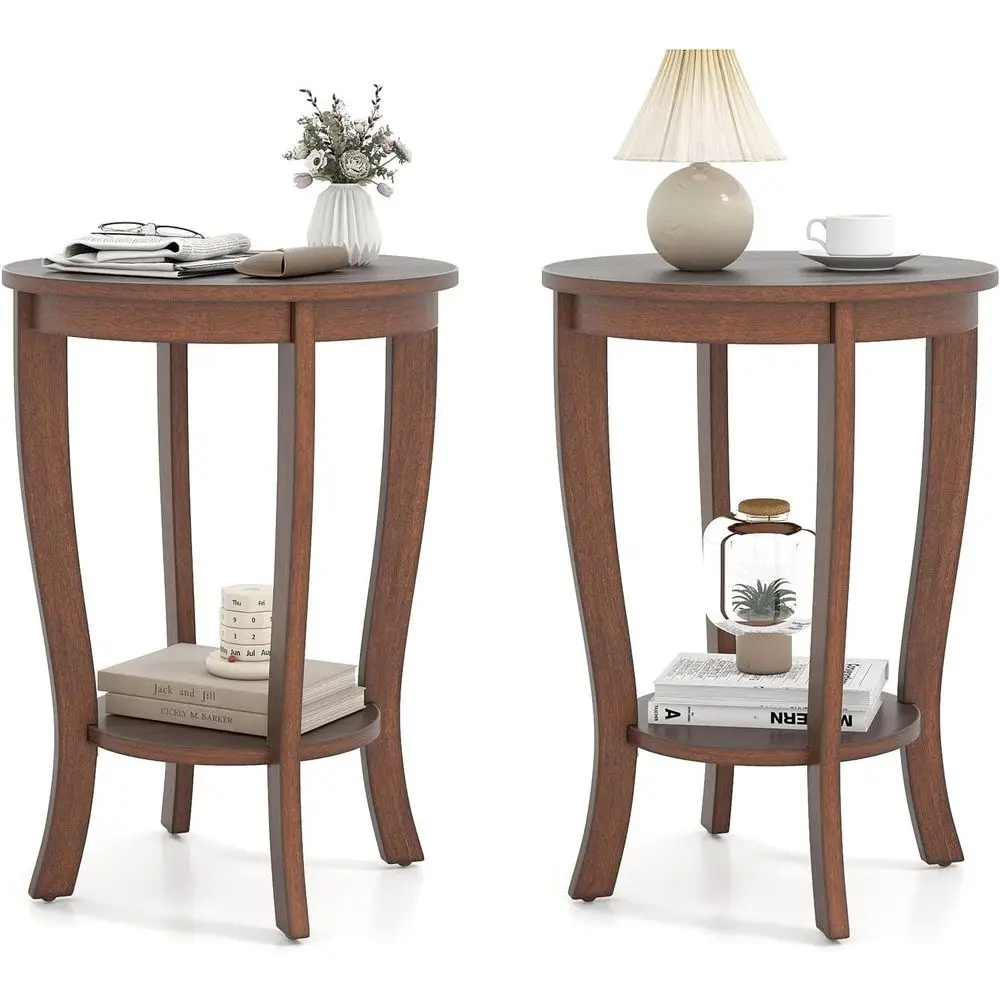Round End Table Set o 2, Retro Nightstand with Storage Shel & Solid Wood Legs, 24.5