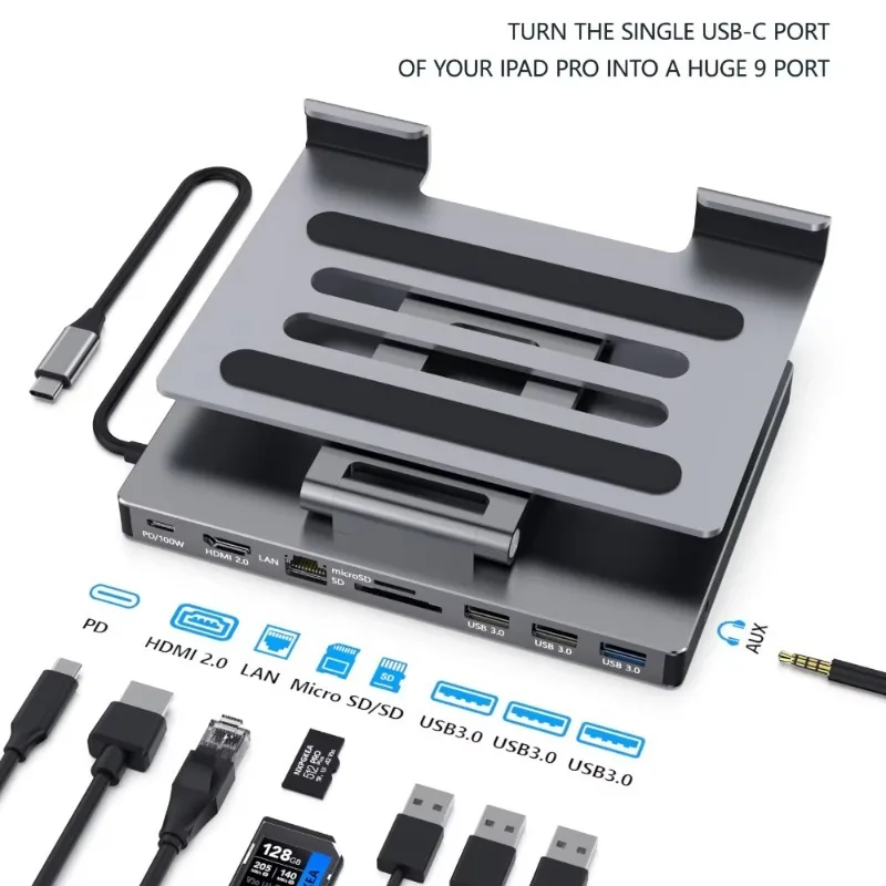 Foldable Docking Station for iPad Pro, USB C Hub Stand, 9 in 1, 4K 60Hz, HDMI RJ45 Gigabit SD, TF Card Reader, 3 USB 3.0
