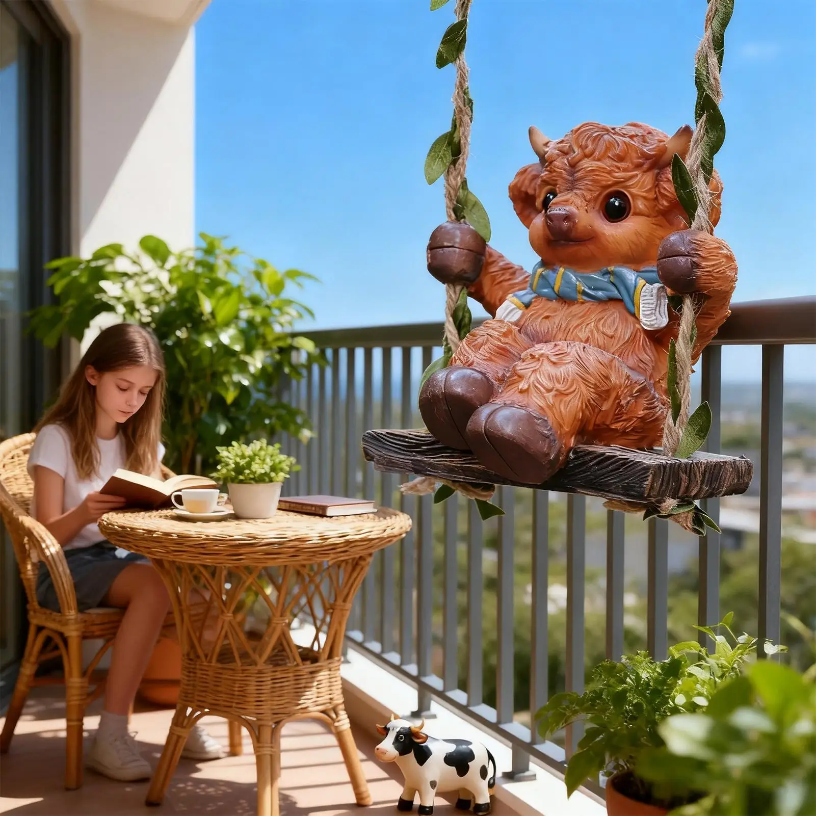 

Highland Cow Figurine Garden Decor Resin Highland Cow Swing Sculpture Decor Cute Patio Statue For Balcony Fence Courtyard Garden