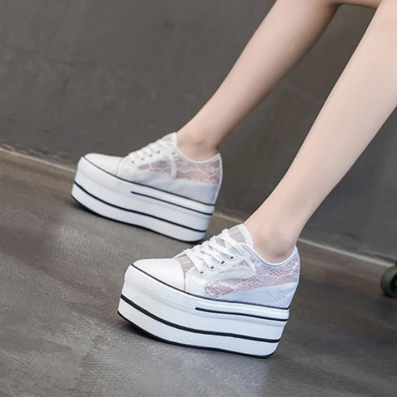 8cm Spring Autumn Genuine Leather Shoes Women Flats Elegant Platform Ladies Height Increasing Shoes Black White Sports shoes