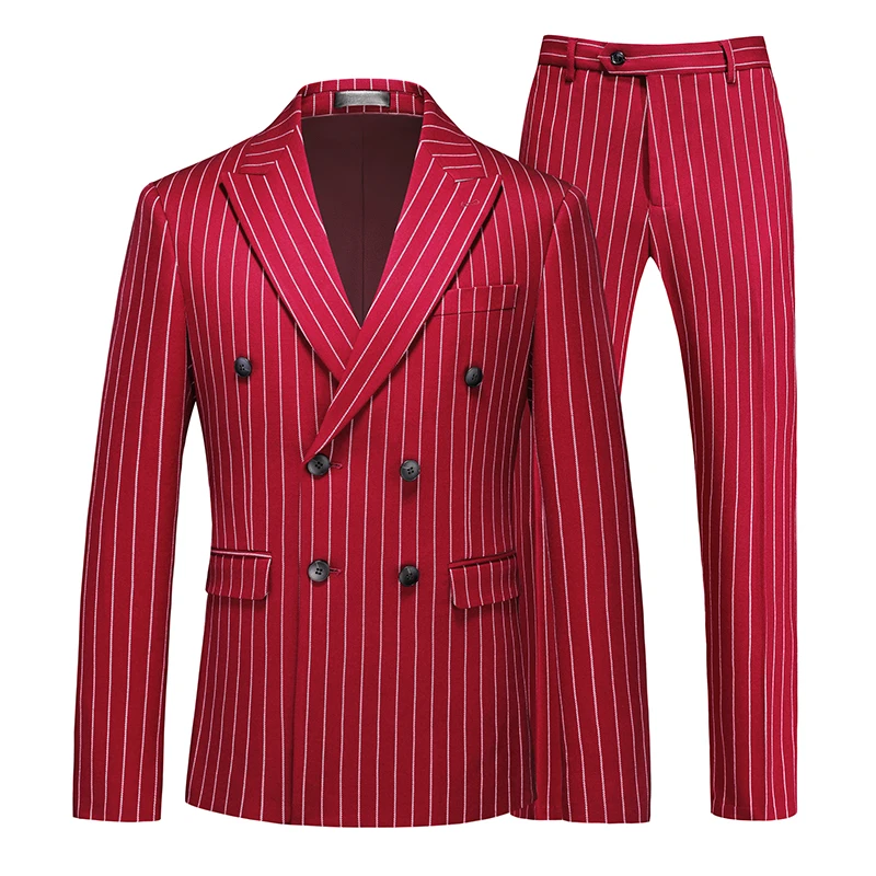 Vertical Stripe Men\'s Suit Two Piece, Double Breasted Slim Fit Dress Coat With Trousers, Wedding Party Blazer Jacket With Pants