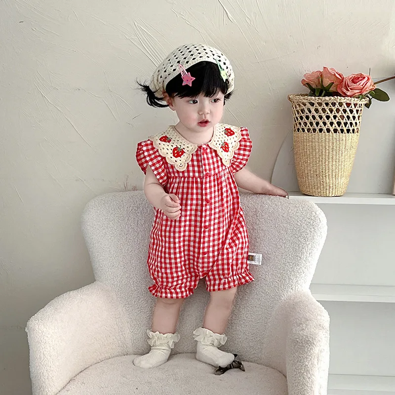 2026 Summer Baby Girl Romper 0-2Years Cute Newborn Princess Sleeveless Strawberry Collar Plaid Jumpsuit Outfits Clothes