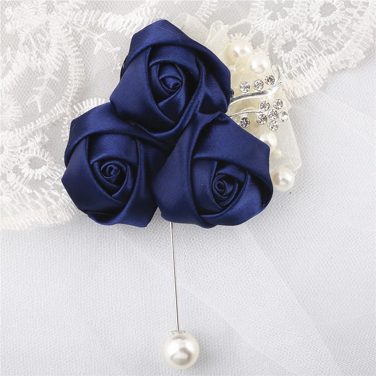 Elegant Navy Blue Silk Rose Wedding Boutonnieres for Groom Pearl Pins Crystals Florals Bracelets Bridesmaid azar para novio boda