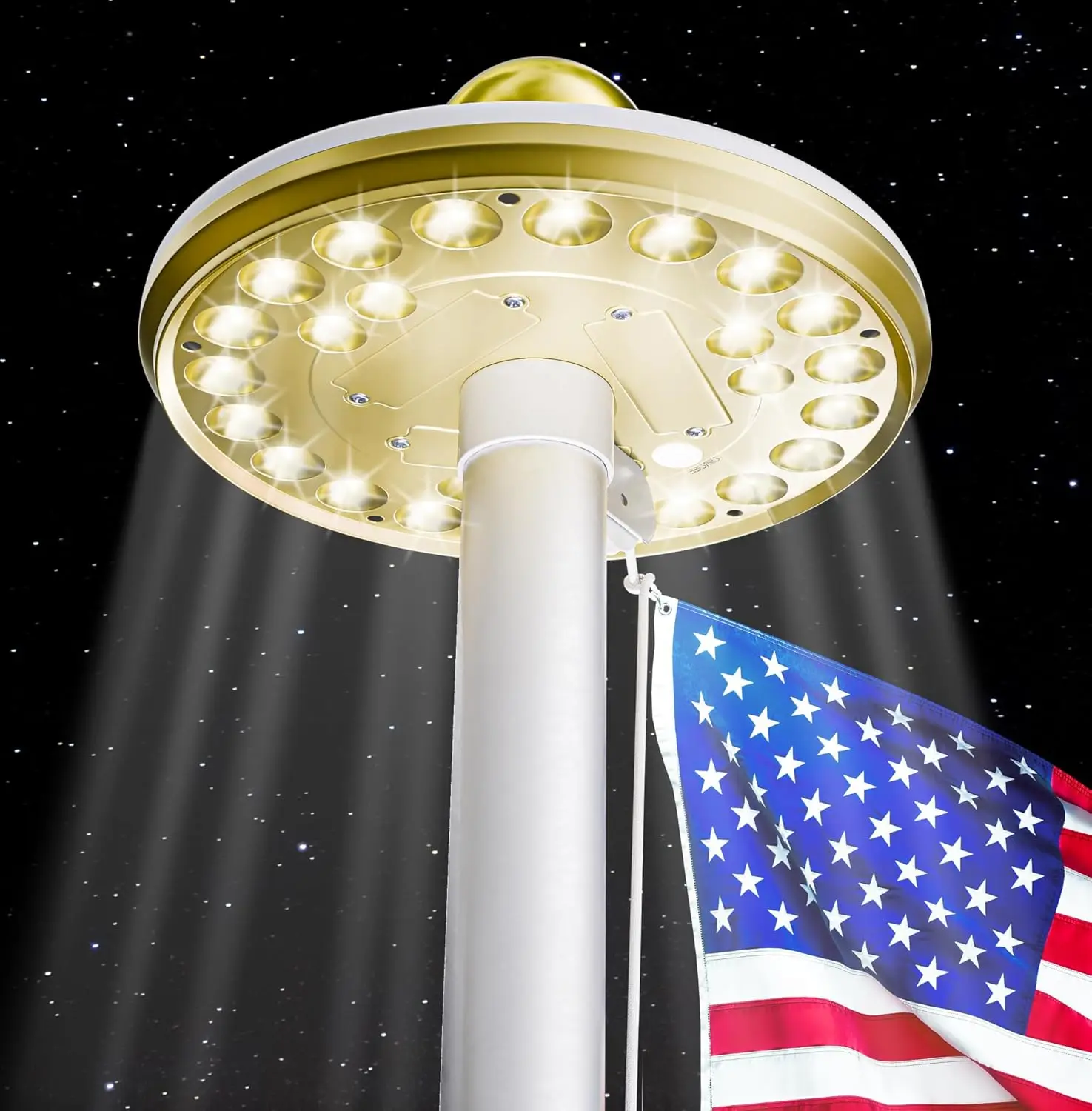 

Deluxe Solar Flagpole Lamp – 1300 Lumen, Dusk to Dawn, 12+ Hours, Gold Model