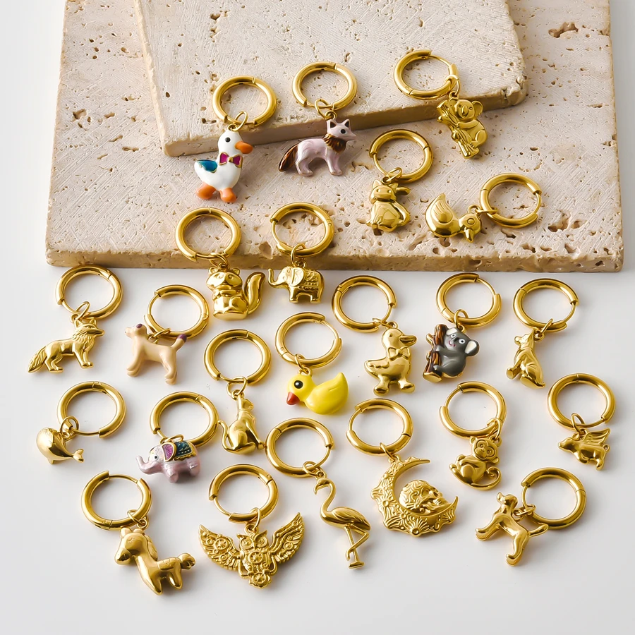 1pair Gold Plated Animal Stainless Steel Cartoon Squirrel Koala Duck Fox Cat Pendant Drop Earrings Women Fashion Jewelry Gifts