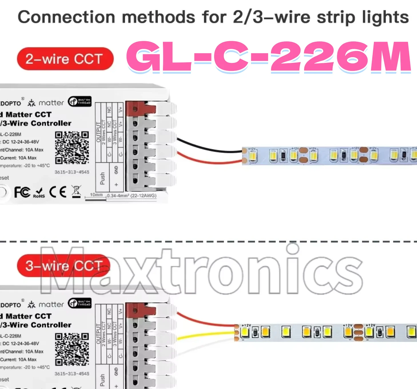 2/3-Wire PWM CCT LED Strip controller GL-C-226M GLEDOPTO 10A 750Hz Flicker-Free with Alexa Thread Matter CCT PWM Dimmer 12-48V