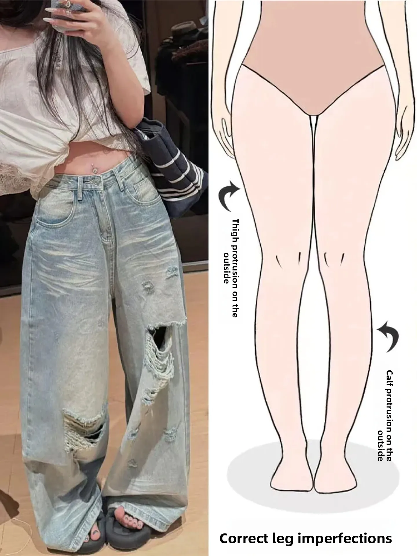 

Retro American Loose Wide Leg Jeans Women Summer New Style Personality Hole Worn Long Pants Pear Body Shape Denim Pants