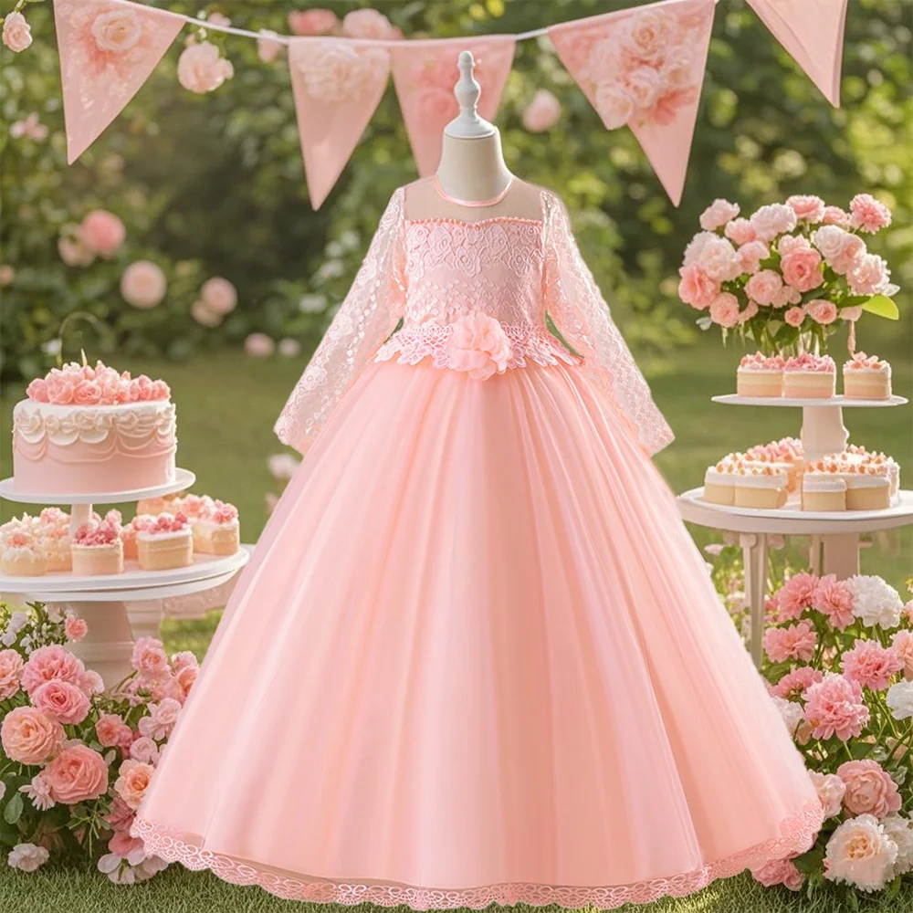 Elegantes und süßes Spitzenkleid mit fließendem langem Rock, geeignet für Teenager-Brautjungfern, elegantes Blumenmädchenkleid