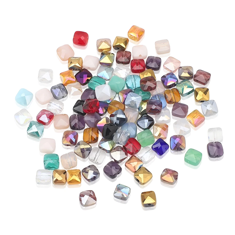 50pcs 6mm Mixed Crystal Glass Square Flat Faceted Cube Beads for DIY Making Friendship Bracelet Spring Party Garment Decoration