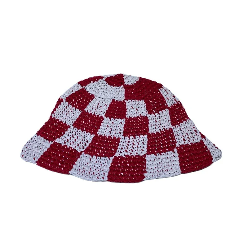 Women Knitted Lattice Fisherman Hat Handmade Crochet Color Matching Basin Hat Spring and Autumn Knitted Sunscreen Sun Hat