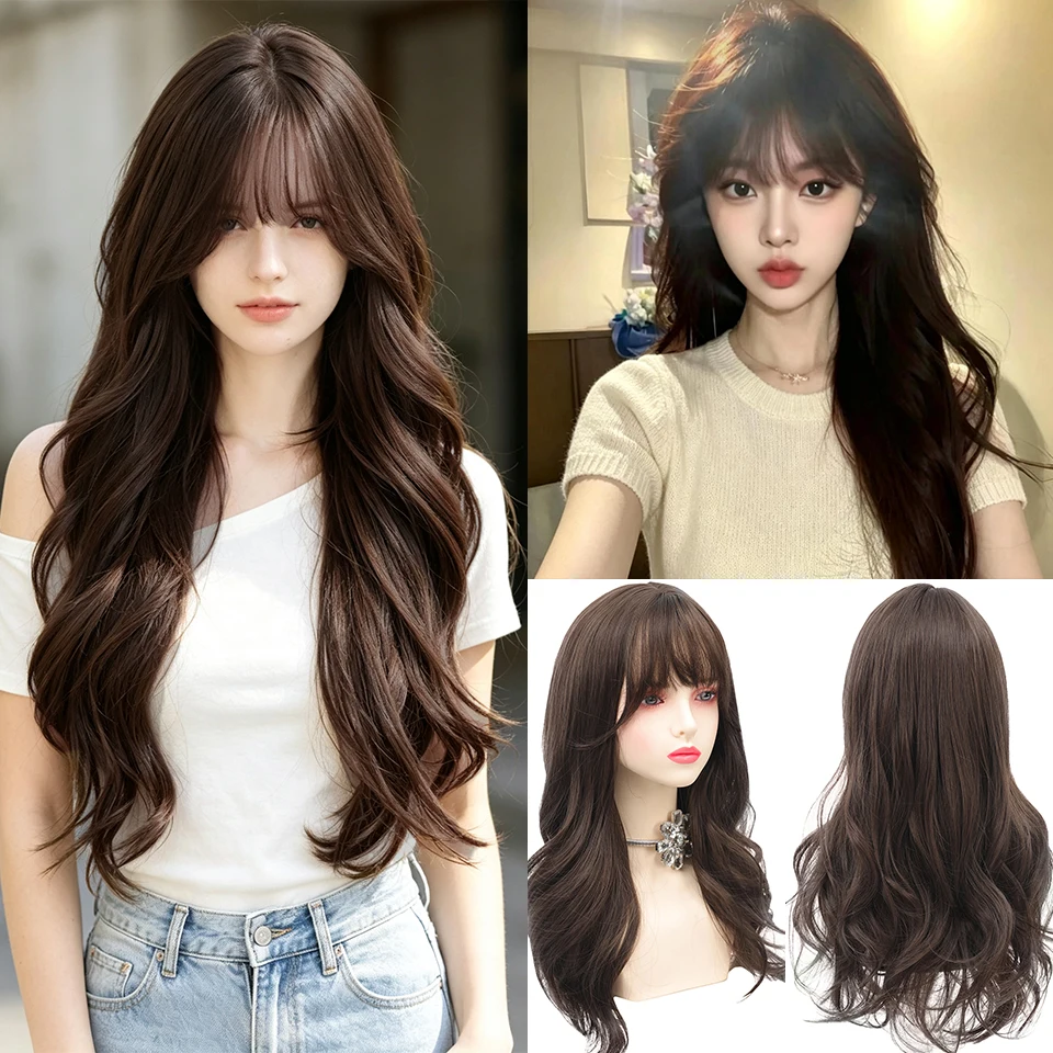 Synthetic Heat-Resistant Wig, Black-Brown Curly Hair with Bang Suitable for Gril Women Daily Party Halloween Christmas Festival