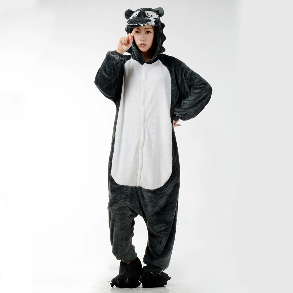 Unisex Adults Kids Halloween Cute Animal Costume Wolf Onesie Plush Hooded Jumpsuit One Piece Pajamas Women Men Cosplay Nighty