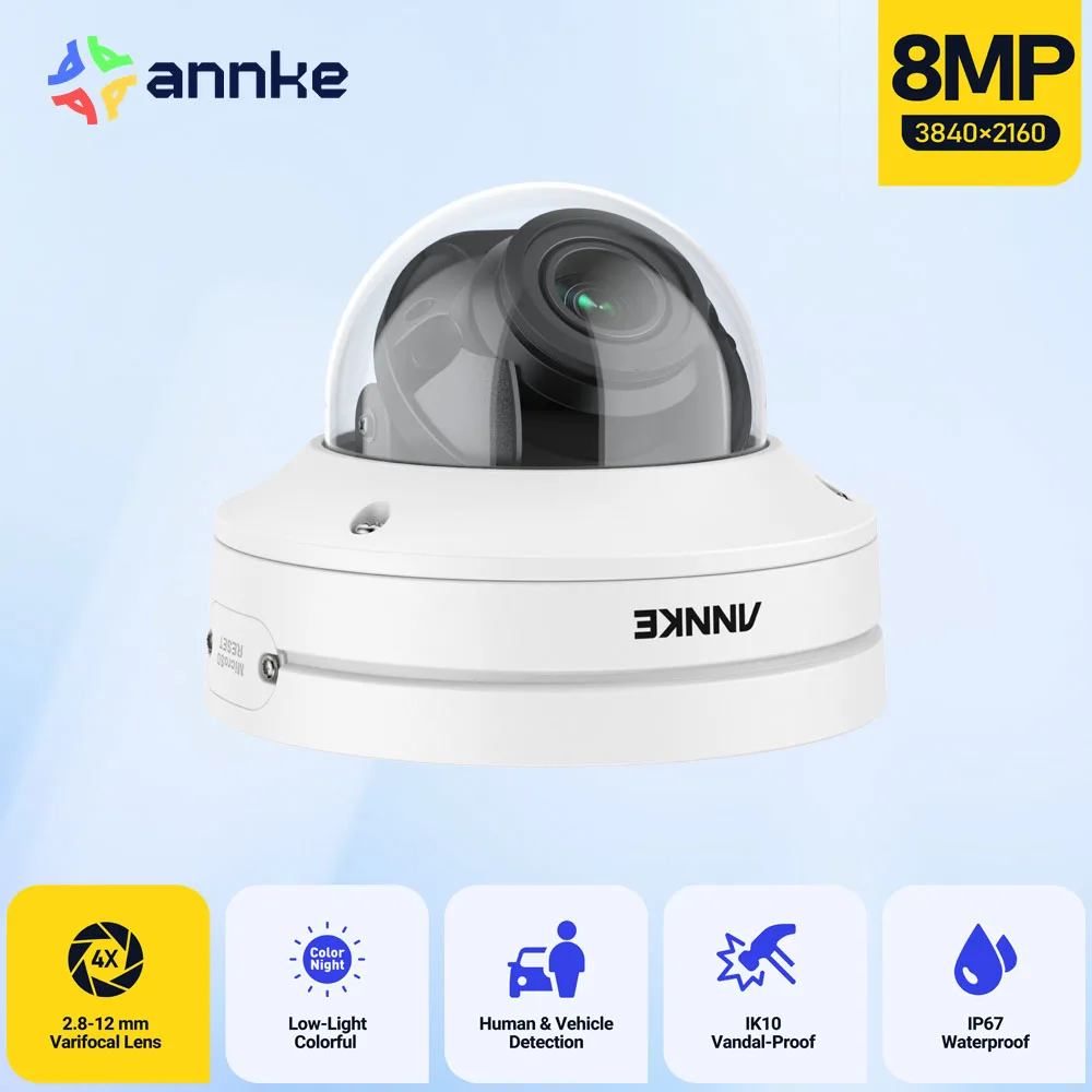 ANNKE 4K 4X Optical Zoom Outdoor PoE Dome Security Camera, Human & Vehicle Detection, 130 ft Starlight Night Vision 8MP Camera