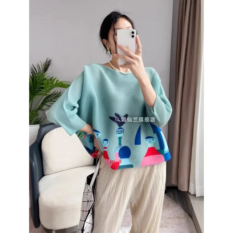 GGHK Pleated Women T-shirt 2025 Spring and Fall New Round Neck Long-sleeved Print Design Classic Fashion Female Tops