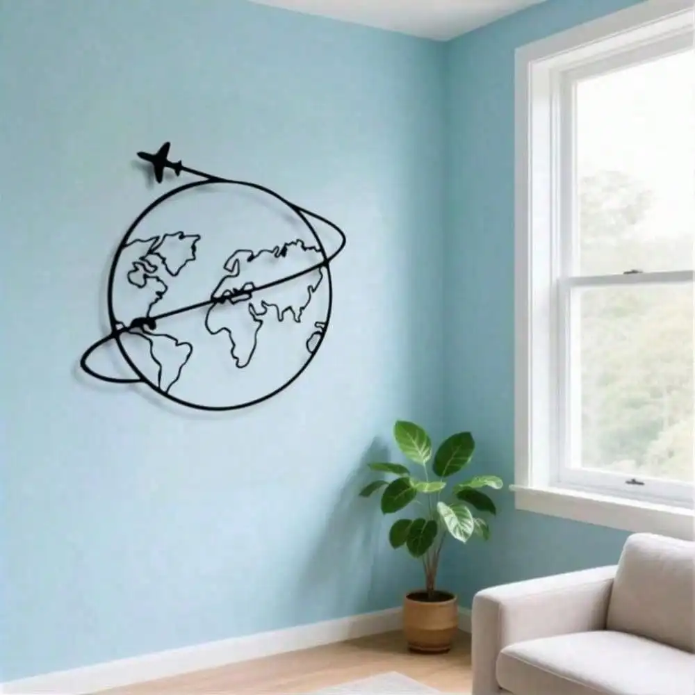 Modern Metal World Map Wall Art with Airplane Minimalist Iron Decor for Living Room Office Travel Gift