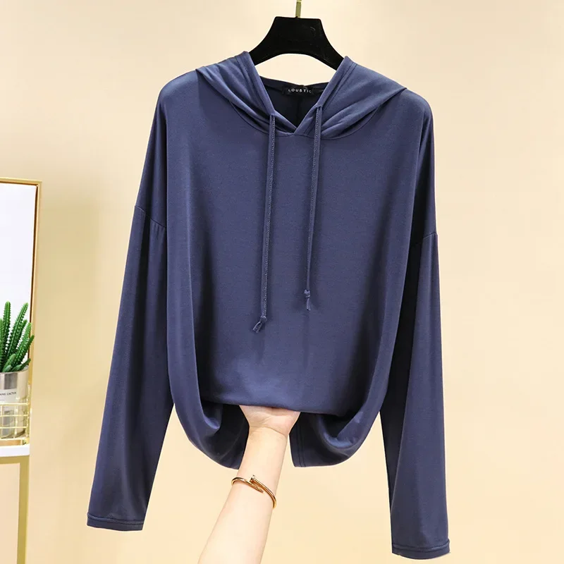 New ladies spring and autumn modal long-sleeved T-shirt large size hooded sweater loose bottoming shirt solid color top color