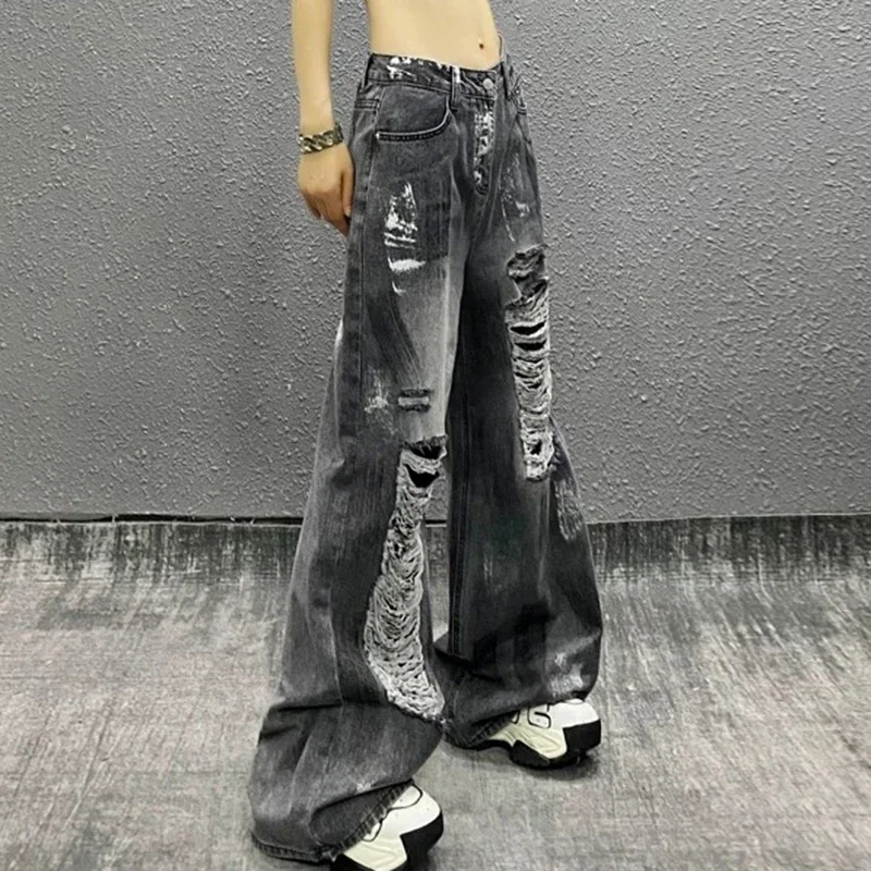 

Vintage Black Tie-Dye Gothic Ripped Jeans Women High Waist 2000s American Retro Punk Hip-Hop Loose Wide Leg Denim Pants