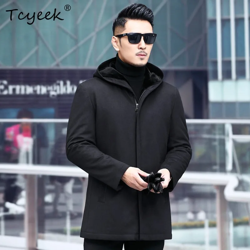 Tcyeek Genuine Leather Real Mink Fur Winter Men Coat Mink Real Fur Coats Mid-length Hooded Clothes Mens Jacket  المنك رجالي