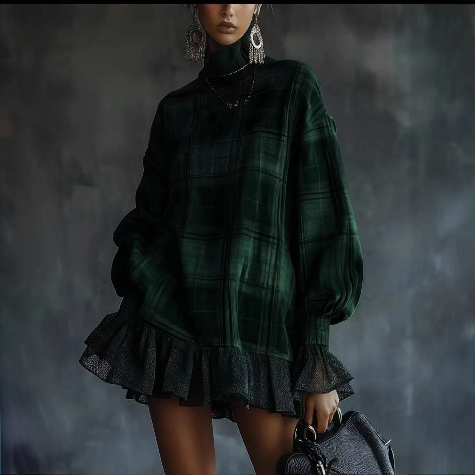 European American Plaid Ruffle Hem Mini Dress for Women Temperament High Neck Long Sleeve High Street Loose Dress for  Autumn