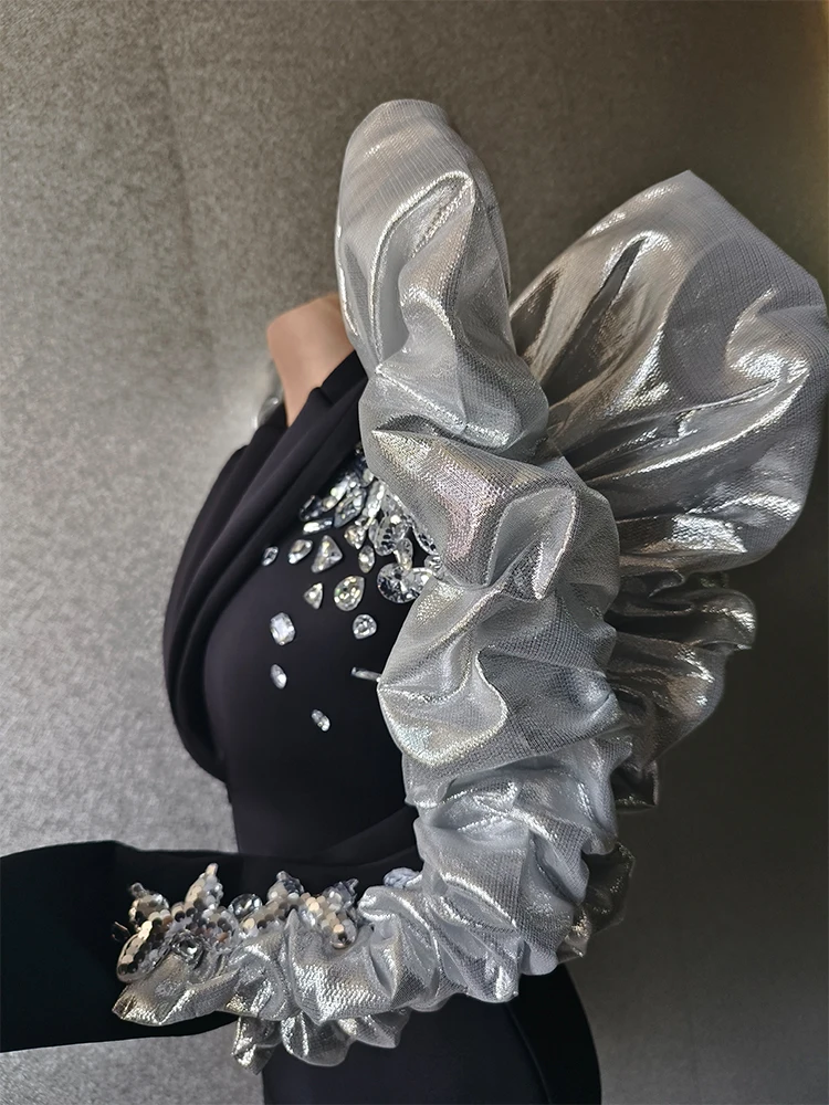 السيدات بدلة سوداء تصميم لامعة حجر الراين أداء فستان المغني Dj Ds ملهى ليلي بار حفلة المرحلة زي سحب الملكة زي