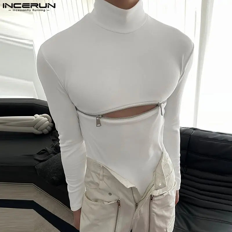 INCERUN Men T Shirts Solid Color Turtleneck Long Sleeve Fitness Streetwear Camisetas 2023 Hollow Out Zipper Casual Men Clothing