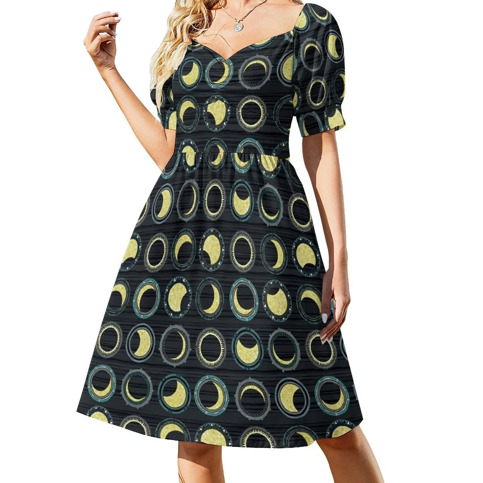 

solar eclipse mandala Short Sleeved Dress cocktail dresses Summer skirt Women's long dress womens clothing Dress