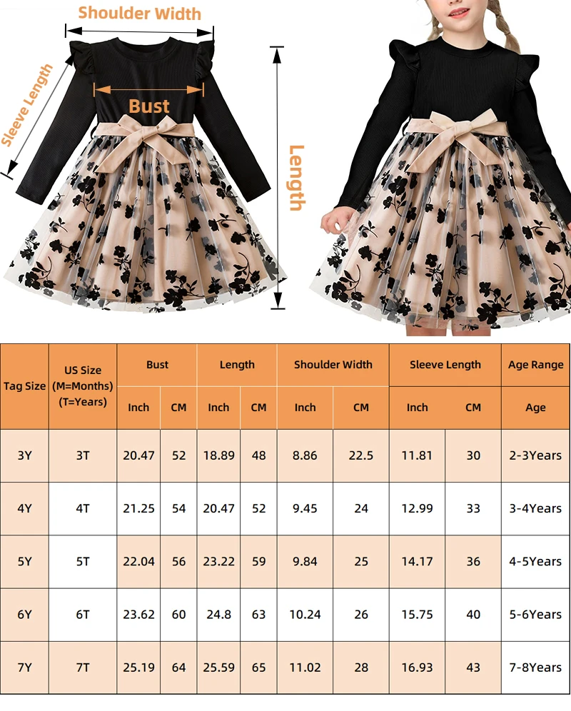 Robe de princesse à manches longues pour filles, tenue d'automne, à la mode, mignonne, imprimé floral, vêtements de fête pour enfants ‌   Cadeau de robe