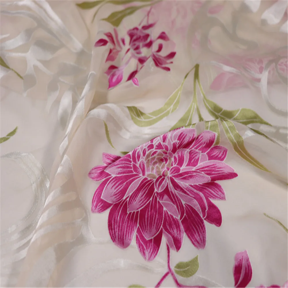 

Elegant Good Quality Silk Opal Fabric Burn Out Summer White Rose Red Flowers Beauty for Lady Garment Queen Shirt Dress Bed Sheet