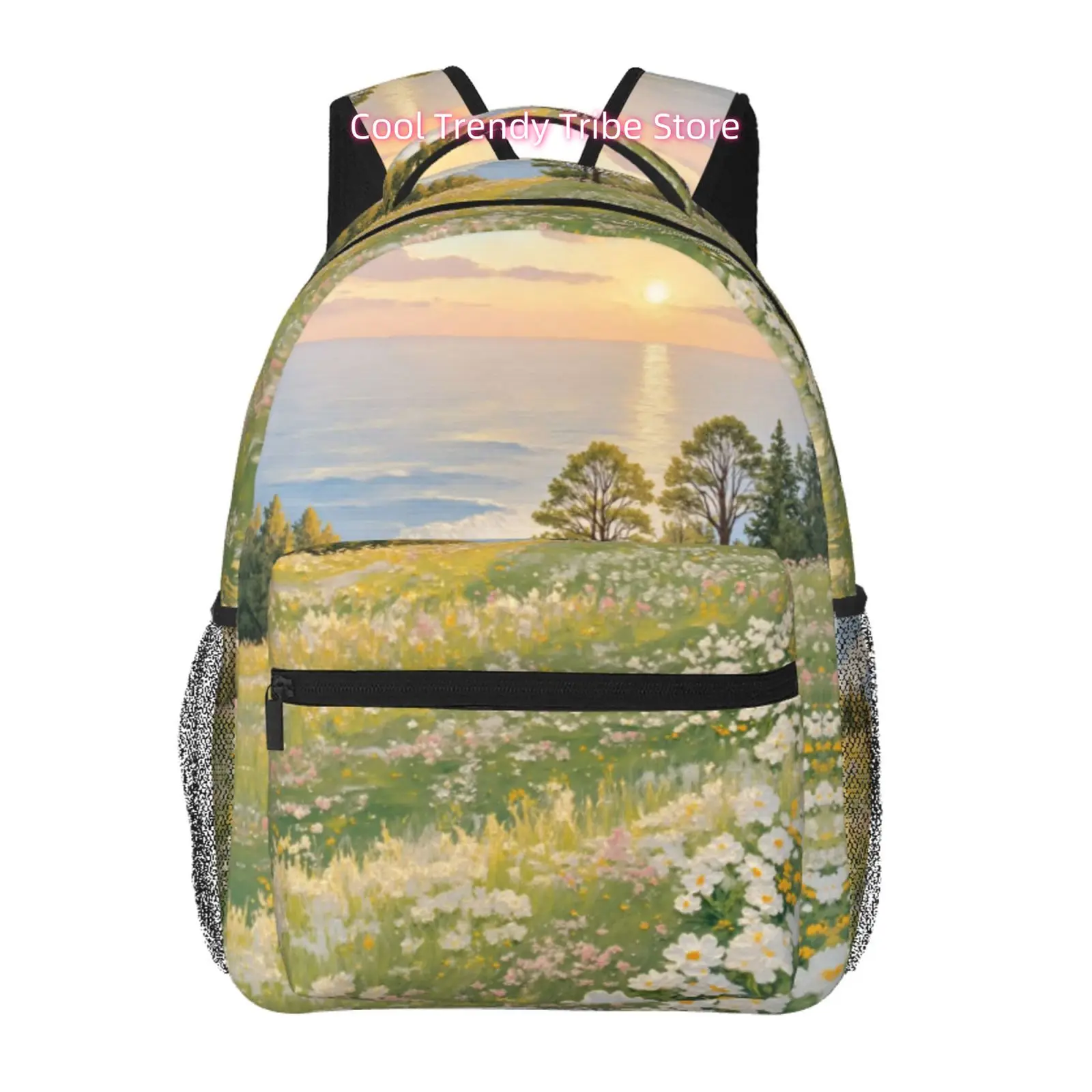 Coastal Meadow Wildflower Print Backpack Suitable for Commuting and Work, High Quality Oxford Cloth with Adjustable Shoulder Str