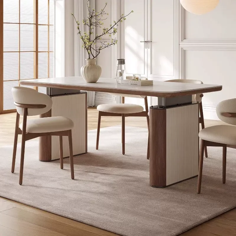 Cream Style Dining Table Set with Induction Cooker Travertine Top Small Apartment Restaurant Furniture 2025 New