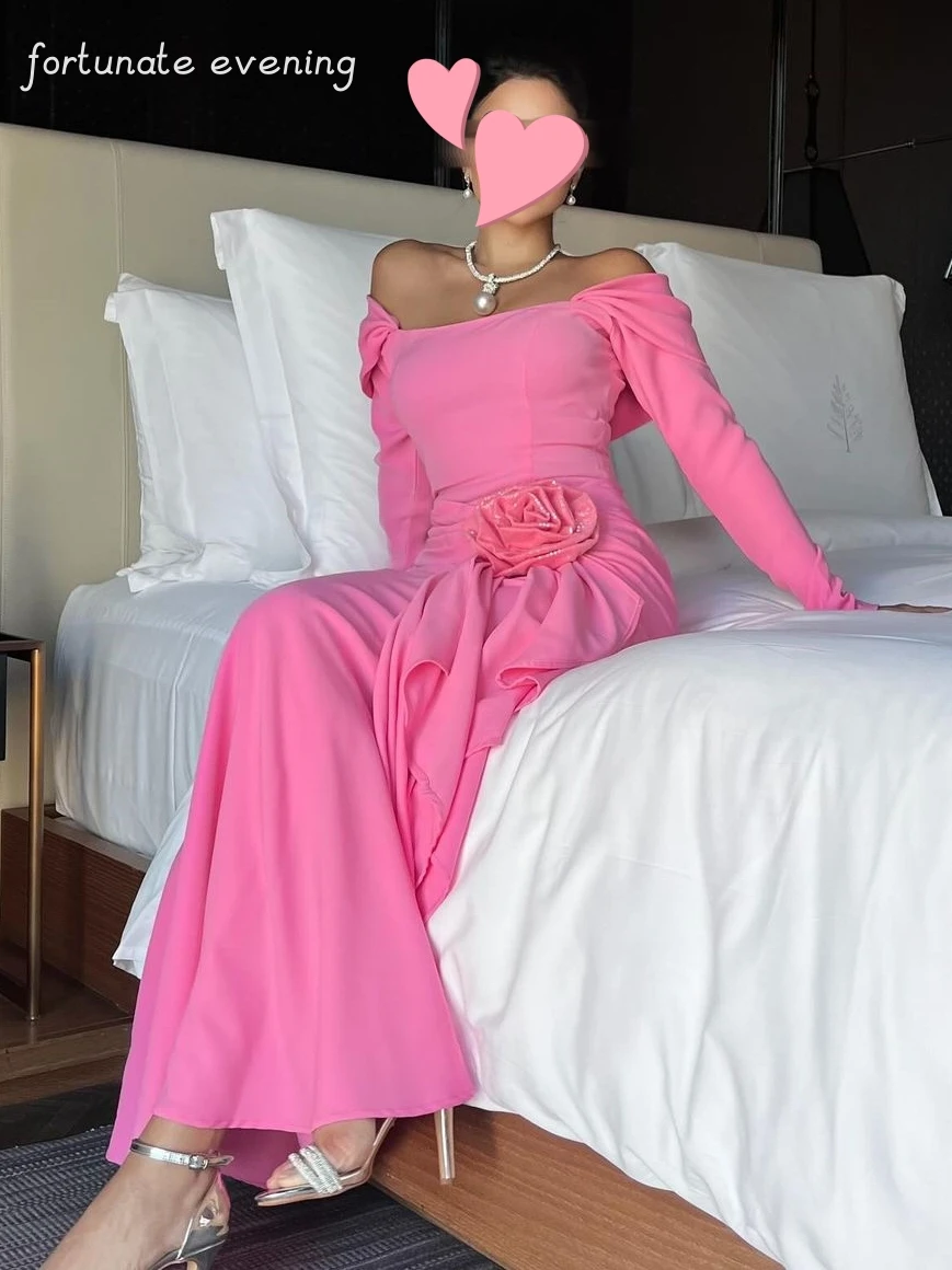 Fortunate Evening Elegant Vintage Sweet Pink Flower Ruffle Boat Neck Saudi Arabia Formal Occasion Prom Dress Evening Party Gowns