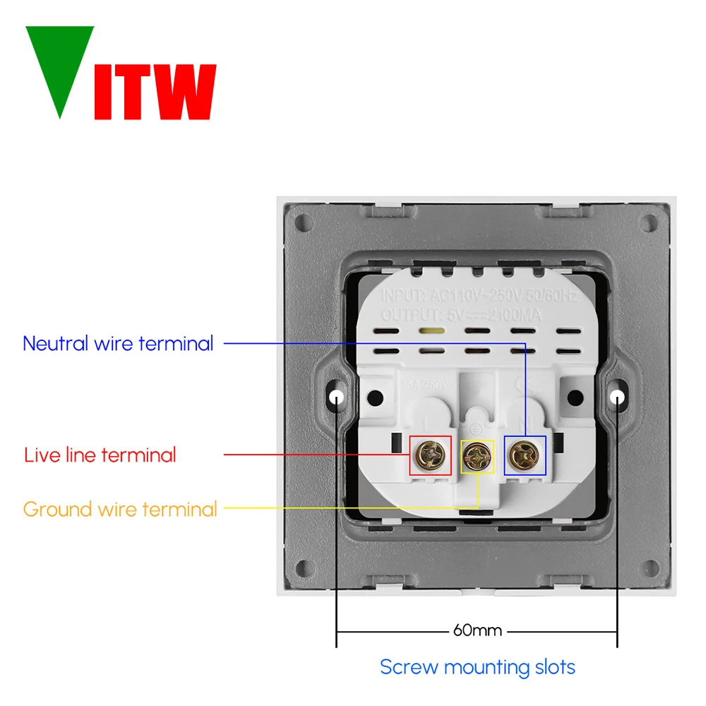 VITW EU Standard USB Socket, AC 110V-250V, No Logo, 16A Wall Embedded Outlet, 5V Usb charge hole, With 2A USB Port Wall Socket