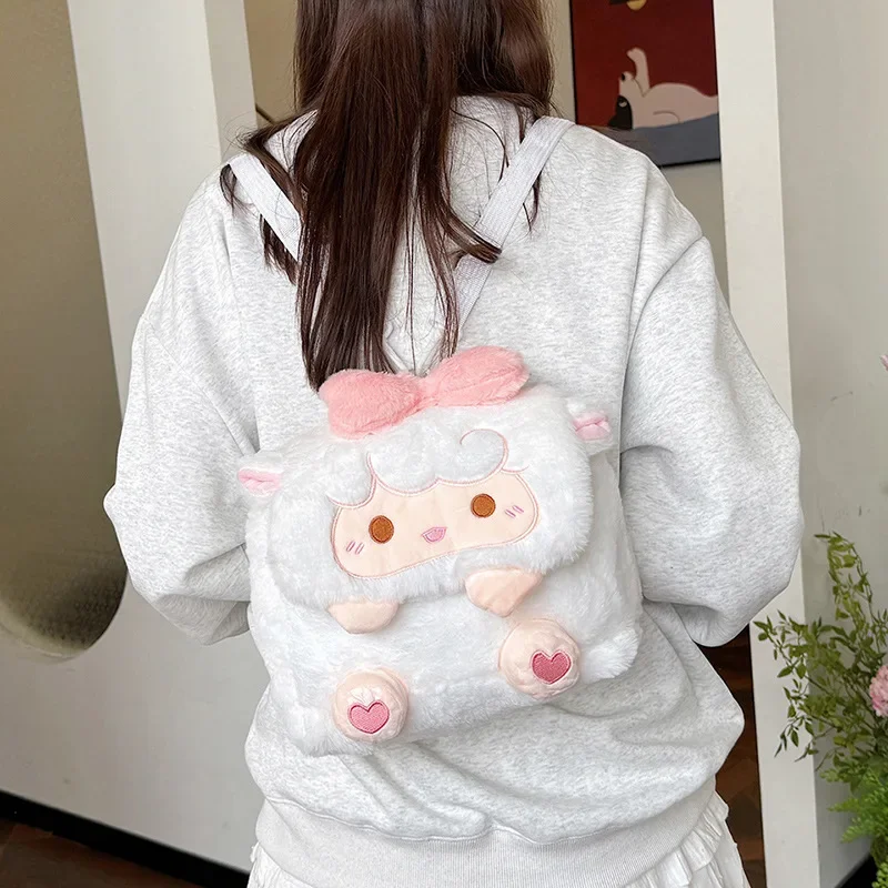 Women Lamb plush shoulder bag girl cute cartoon student backpack funnyschool bag