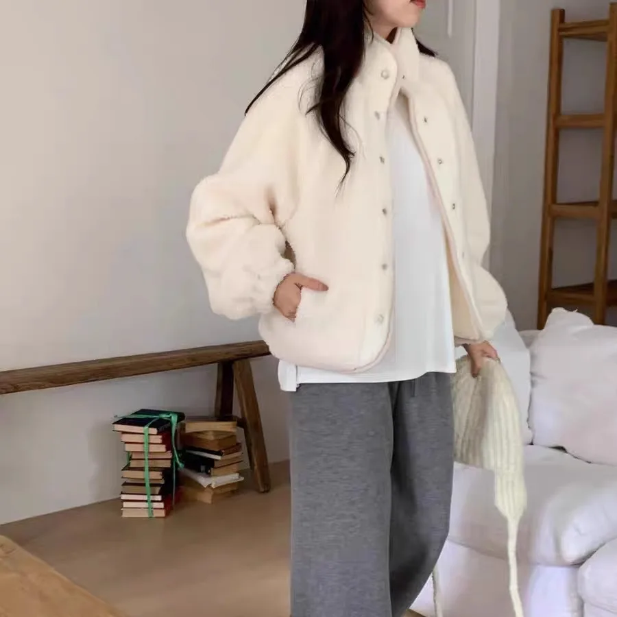 Chaqueta de piel de cordero holgada para mujer, Color puro, cuello levantado, un solo botón, algodón enriquecido, novedad de invierno, abrigo coreano Sle