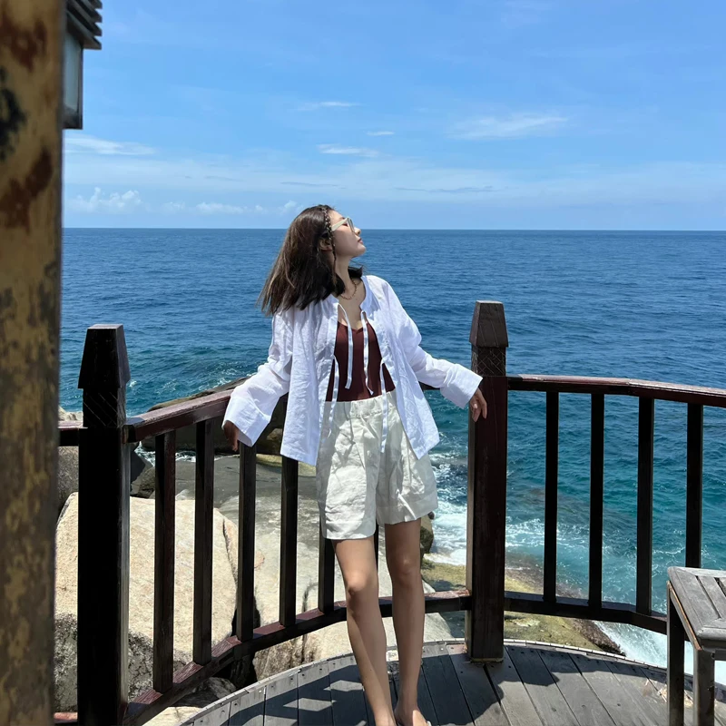 

Savi26 Summer New Loose Long Sleeve Cotton Linen Shirt Women's Air Conditioner Cover Sun Protection Street Style Pure Color