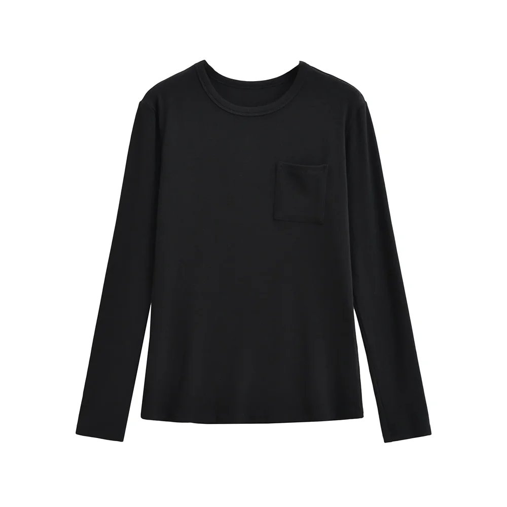 T-shirt à manches longues pour femmes, Design classique à col rond avec une poche pratique sur la poitrine, pour un usage quotidien, y2k, 2025