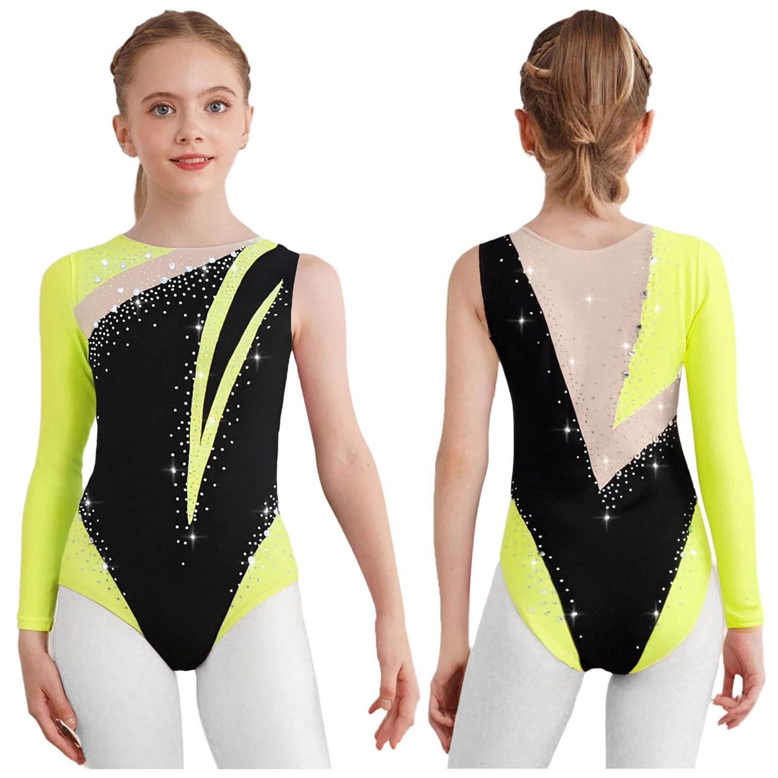 

Kids Girls Figure Skating Lyrical Leotard One Shoulder Long Sleeve Round Neck Shiny Rhinestones Color Block Ballet Bodysuit