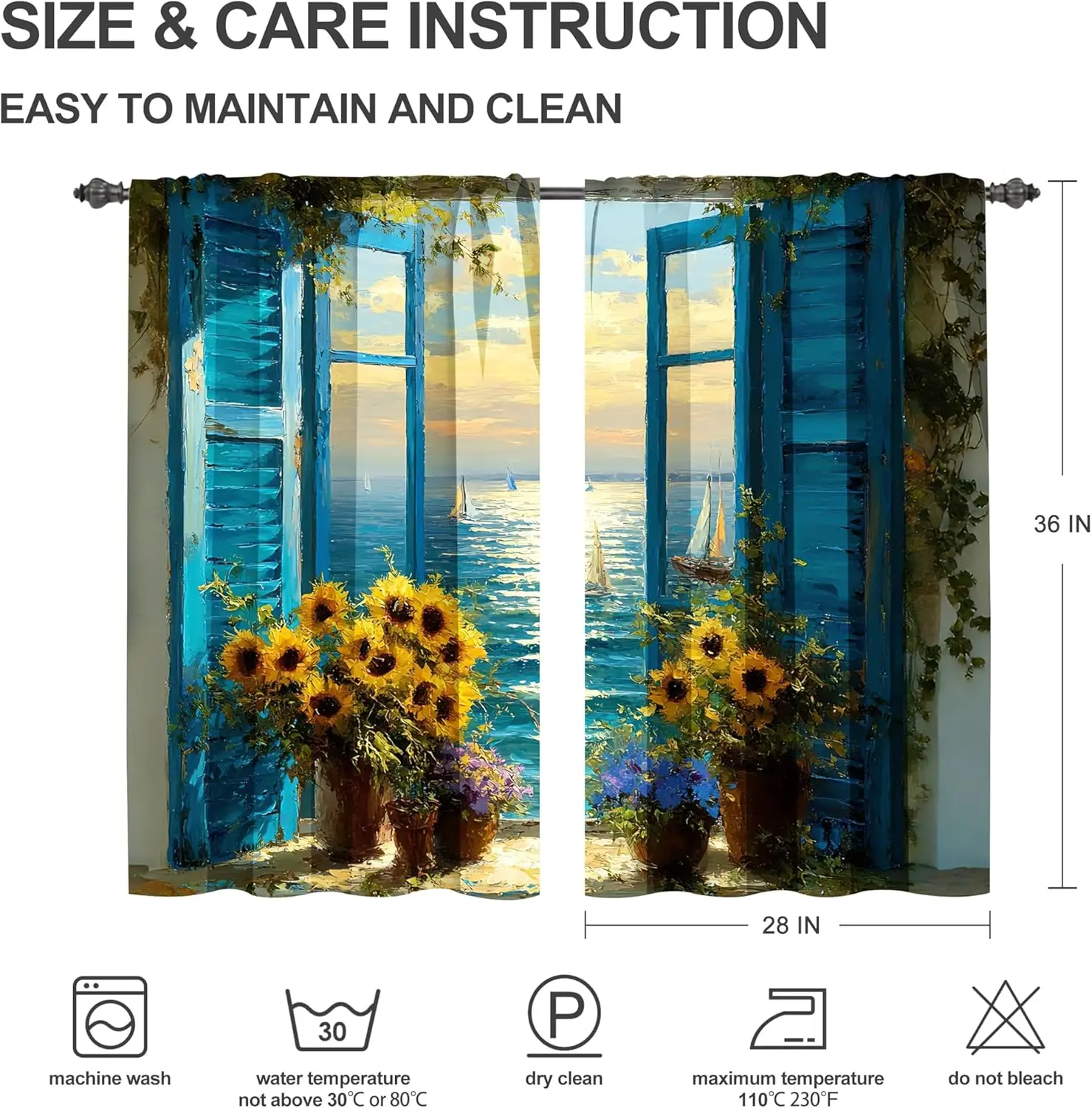 Luxurious Mediterranean Coastal Curtains Sunflower Window Treatment Tropical Seaside Ocean View Blue Shutters Summer Resort Deco