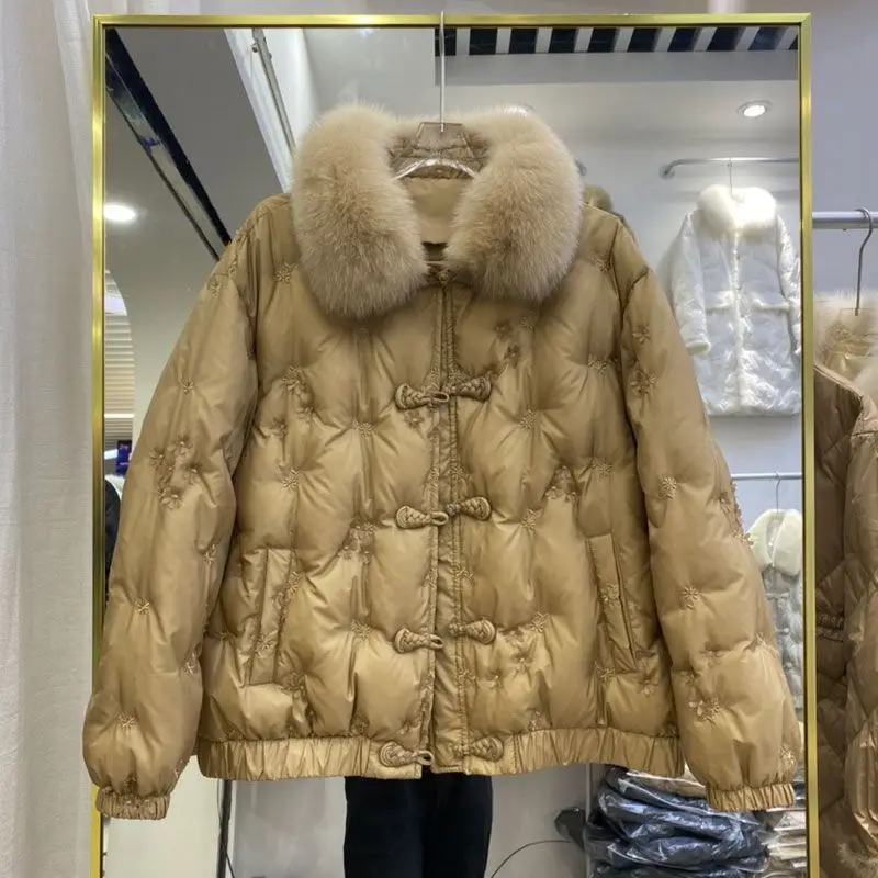 Winter Down Jacket Women\'s Short White Duck Down Insulation Chinese Wind Coil Mouth Real Fox Fur Collar Winter Coat Women 2023