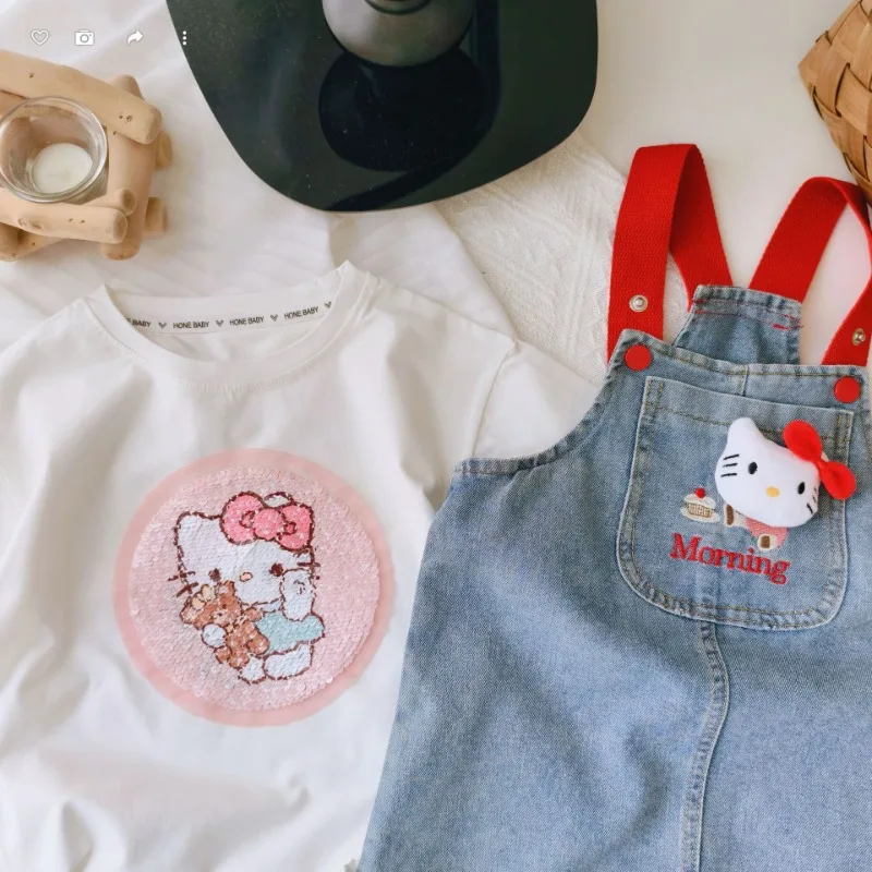 

Summer Hello Kitty Anime Kawaii Sanrio Ins Fashion Children Short Sleeve Shirt Skirt Cute Cartoon Baby Dress Clothes Gifts