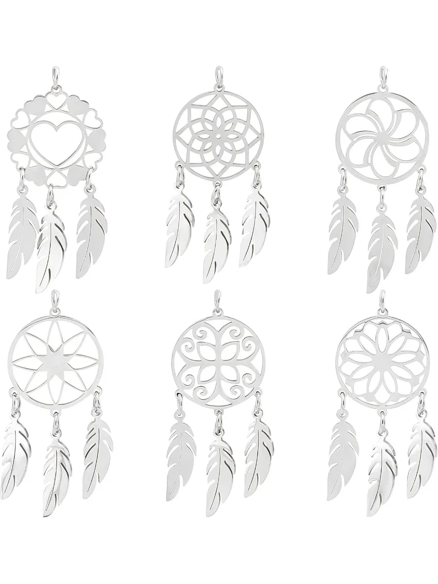 6Pcs 6 Style Bohemian Dream Catcher Pendant Stainless Steel Pendants with Jump Rings Hole 3mm Woven Net Web with Feather Pendant