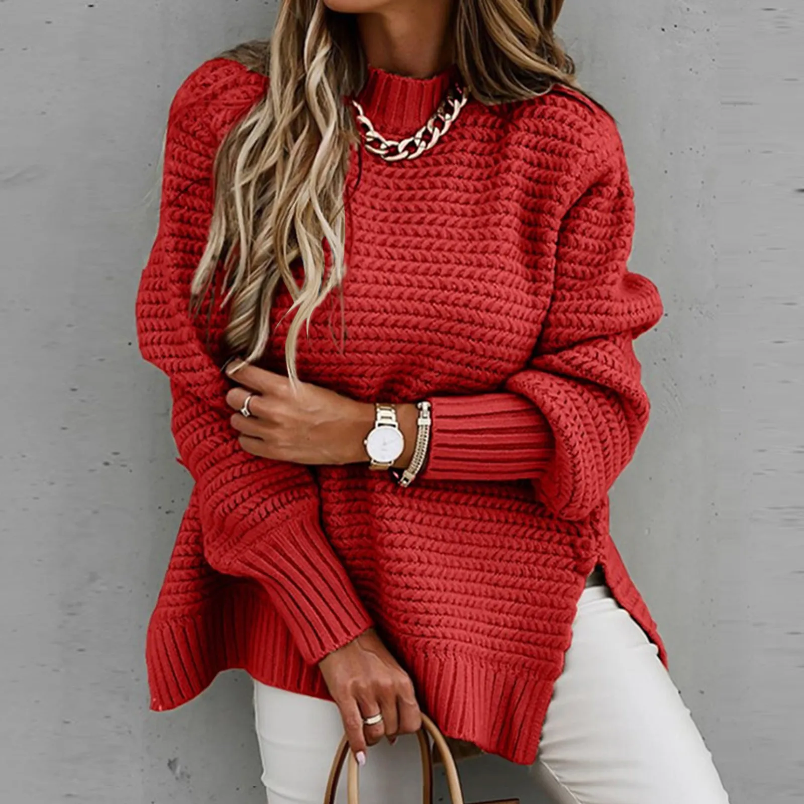 Women Knitted Pullover Sweaters Side Split Long Sleeve Jumper Sweater Female Fall Winter Casual Thick Tops Plus Size Streetwear