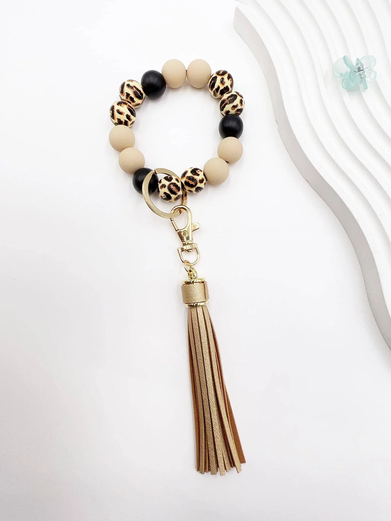 

Leopard Print Bead Keychain With Tassel For Bag Car Keys Accessories