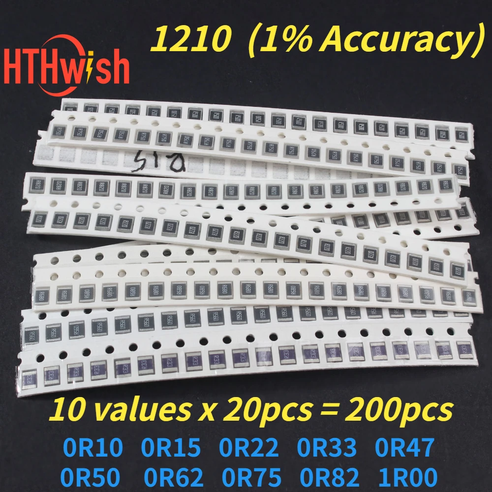 200PCS 1210 Resistor Kit  10 Kinds SMD 0.1R~0.82R 1% Low Precision Alloy Resistance New Chip Resistance Assorted Set