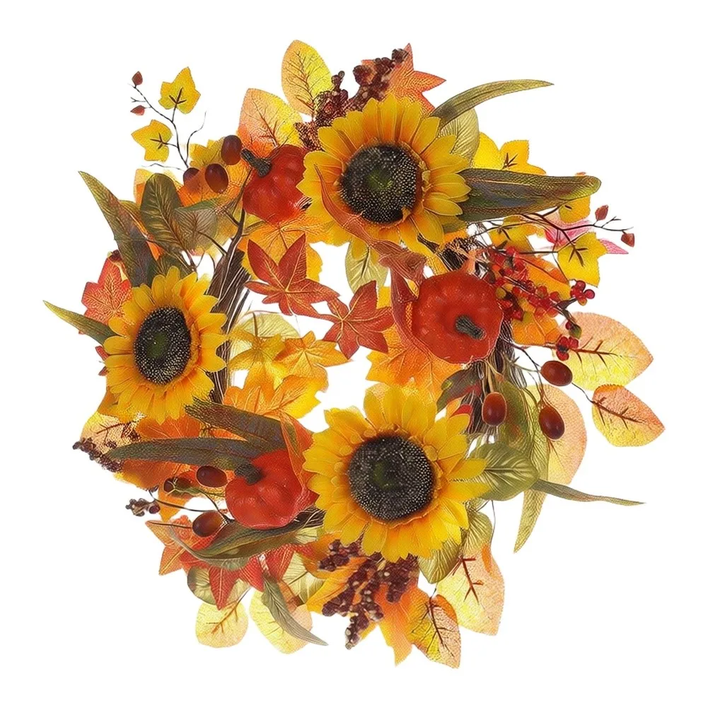 Autumn Harvest Sunflower Wreath for Front Door or Wall Decor Plastic Floral Arrangement with Warm Seasonal Theme